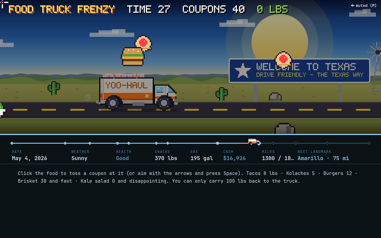 Food Truck Frenzy minigame: tacos and burgers flying across the desert