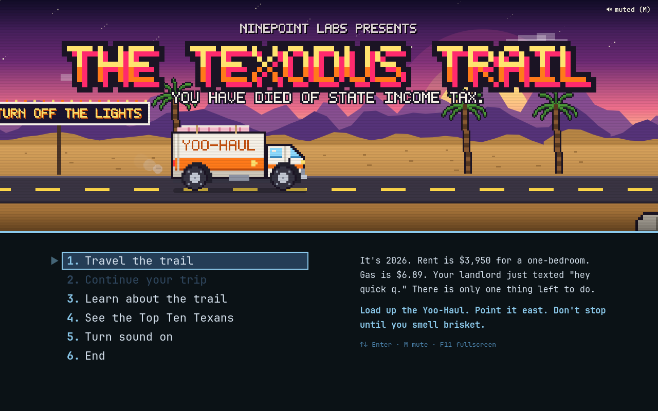 Title screen with a synthwave sunset and the Yoo-Haul driving past palm trees