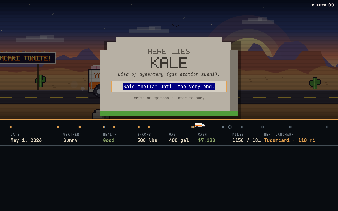 A tombstone reading Here lies Kale, died of dysentery (gas station sushi)